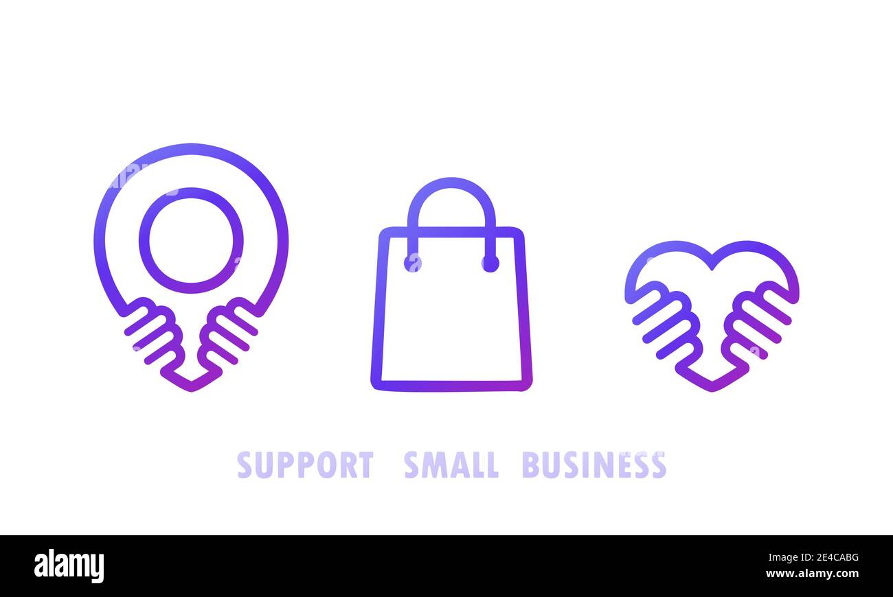 Supporto di un set di icone per piccole aziende. Acquista prodotti locali. Illustrazione Vettoriale