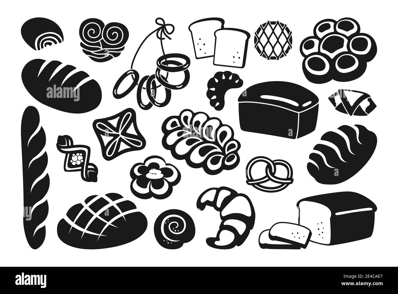 Set di icone glifo nero pane. Segale, pane integrale e di frumento, pretzel, muffin, croissant, baguette francese. Prodotti da forno, pasticceria da forno menu. Illustrazione vettoriale vintage Illustrazione Vettoriale