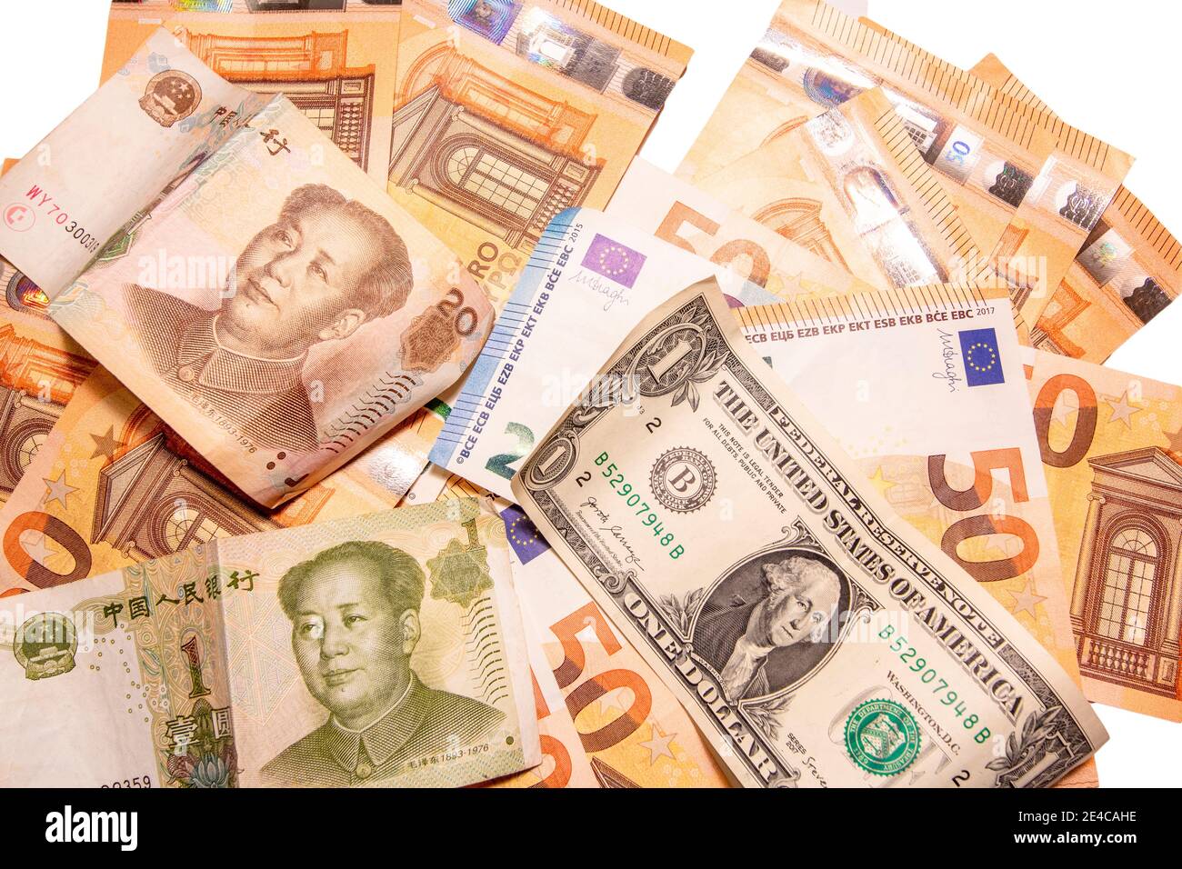 Cinquanta euro banconote fondo texture, Mao Zedong ritratto su 1 Valuta cinese Yuan renminbi e una Dollare usd in primo piano Foto Stock