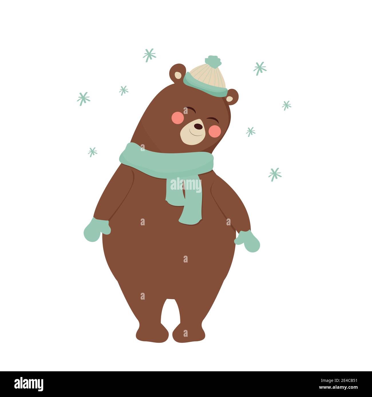 Carino orso timido pieno corpo, adorabile carattere isolato su sfondo bianco. Composizione invernale con fiocchi di neve. Stampa infantile, decorazione, clip art. Illustrazione Vettoriale
