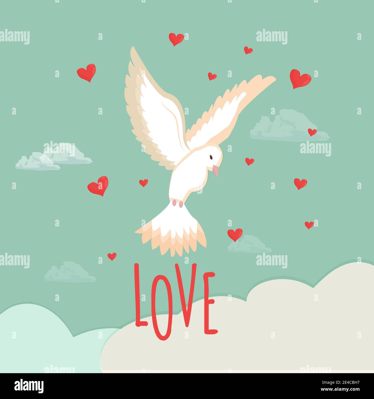 Saluto con San Valentino colomba bianca, piccione nel cielo con nuvole e cuori. Poster, cartoncino per striscioni in colori brillanti. Testo Amore. Illustrazione vettoriale Illustrazione Vettoriale