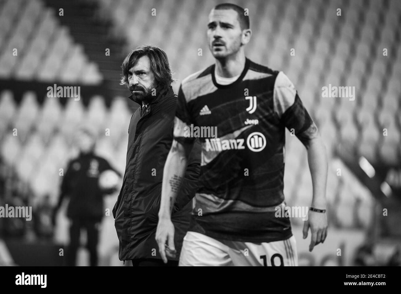 Ritratto di Andrea Pirlo in bianco e nero durante il Riscaldamento presso lo stadio Allianz Foto Stock