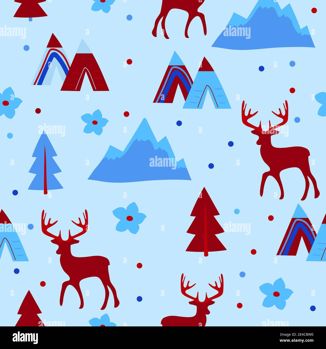 Modello senza giunture vettoriale. Inverno tessuto ripetuto con cervi e alberi di foresta. Carta da imballaggio blu con animali. Illustrazione Vettoriale