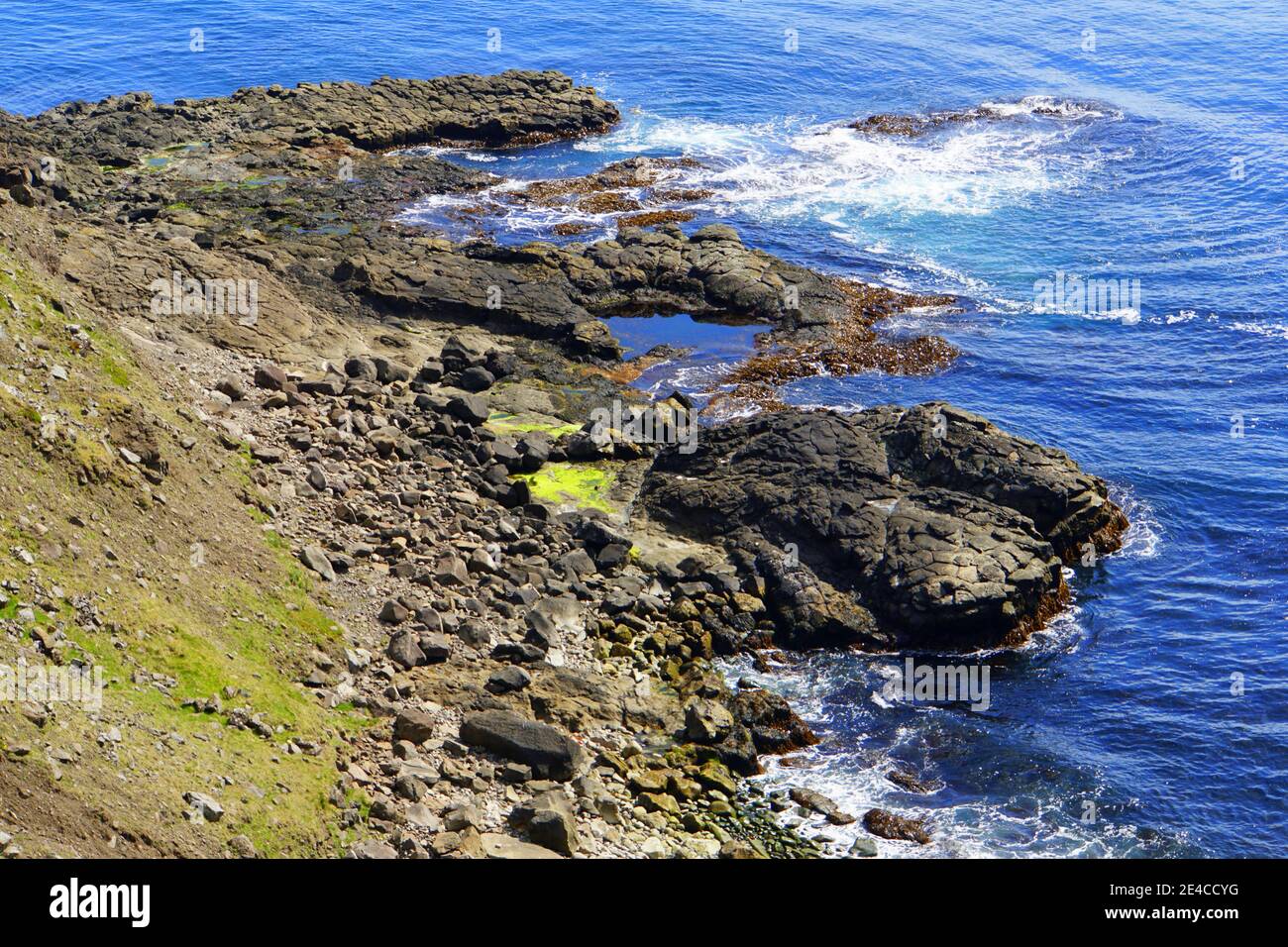 La vista di scogliere e formazioni rocciose vicino all'oceano vicino ai fiordi orientali, Islanda durante l'estate Foto Stock