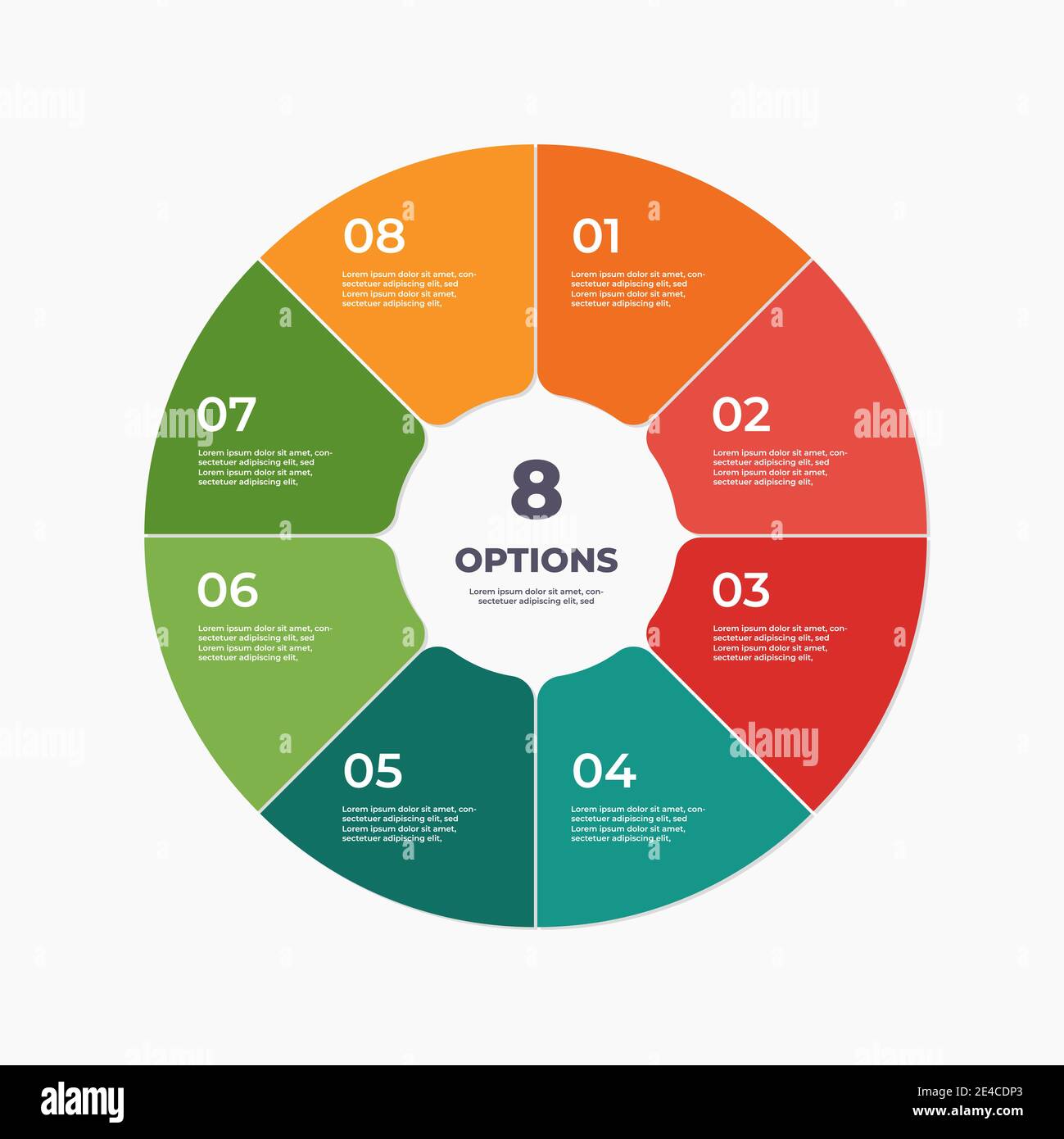 Modello di infografica a grafico circolare con 8 opzioni. Illustrazione Vettoriale