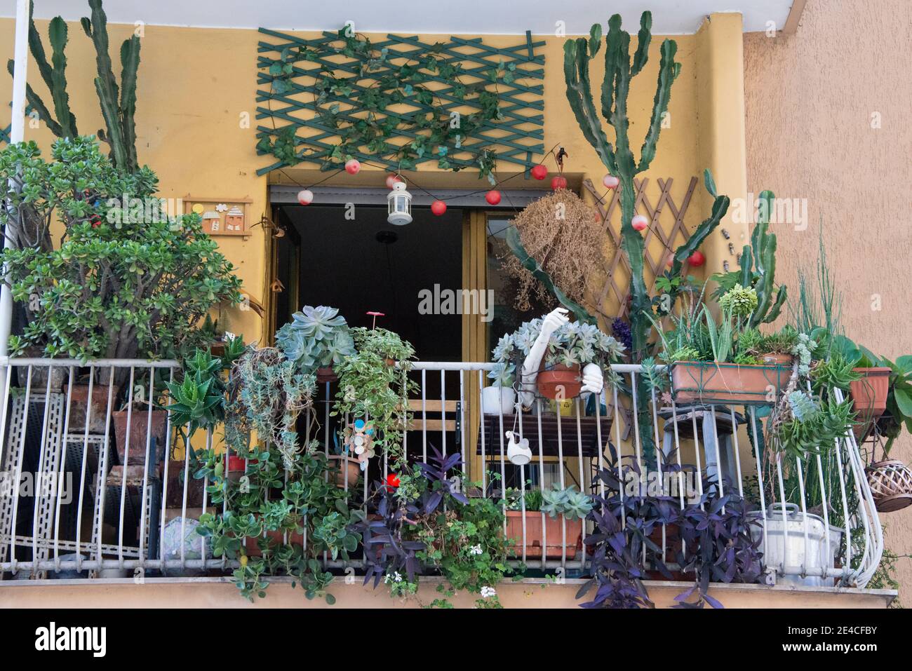 Balcone sovraffollato con piante e materiale decorativo Foto Stock