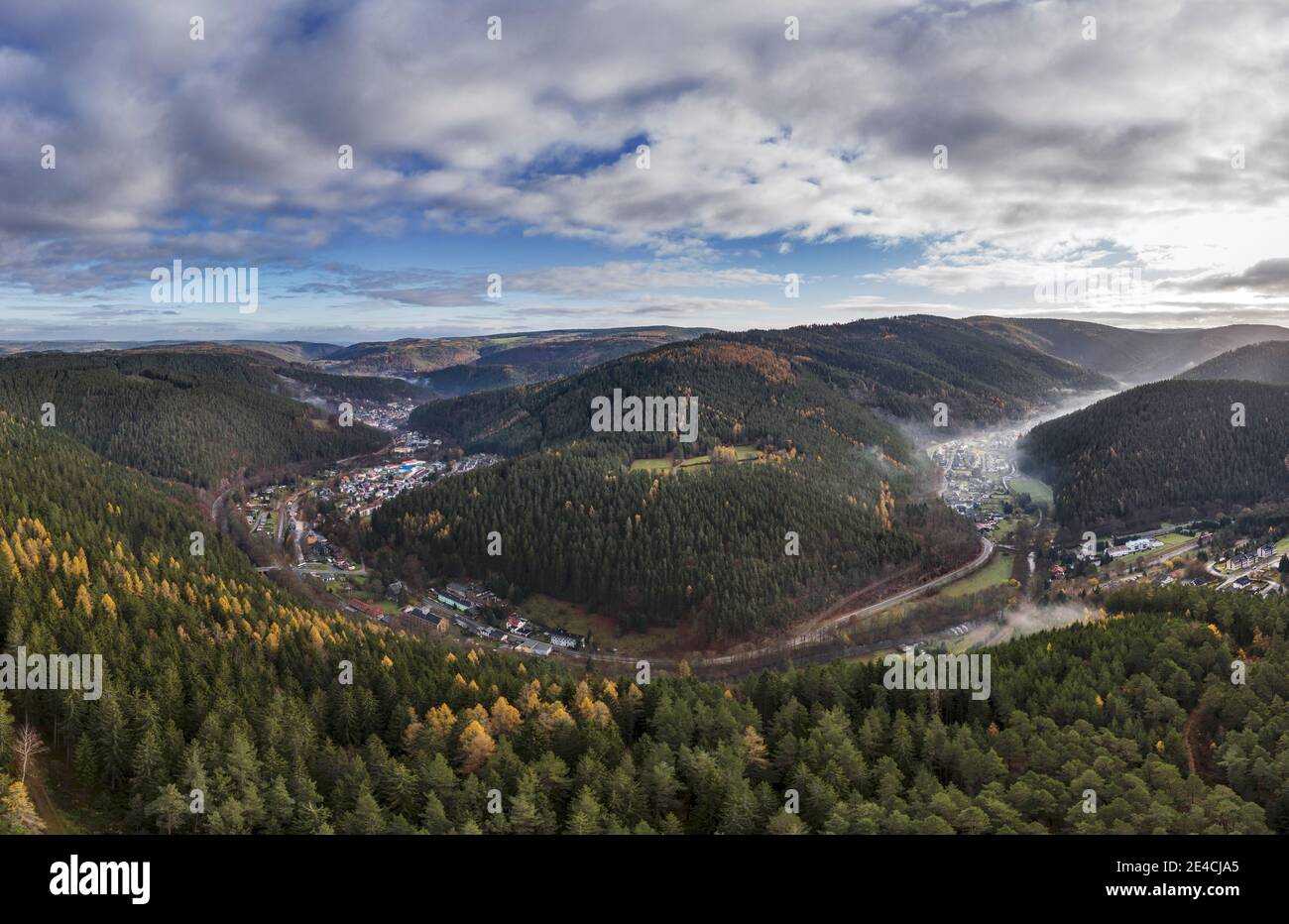 Germania, Turingia, Sitzendorf, Unterweibach, Neu-Leibis, valli, montagne, fotografia aerea Foto Stock