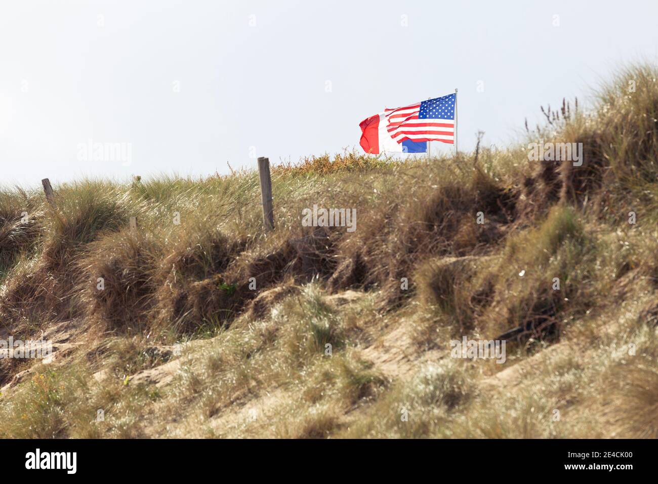 Le bandiere francesi e americane soffiano nel vento sopra le dune di Utah Beach. Normandia, Francia Foto Stock