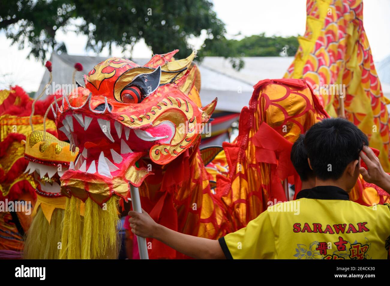 Teste colorate di drago nella sfilata cinese di Capodanno a Kuching, Malesia Foto Stock