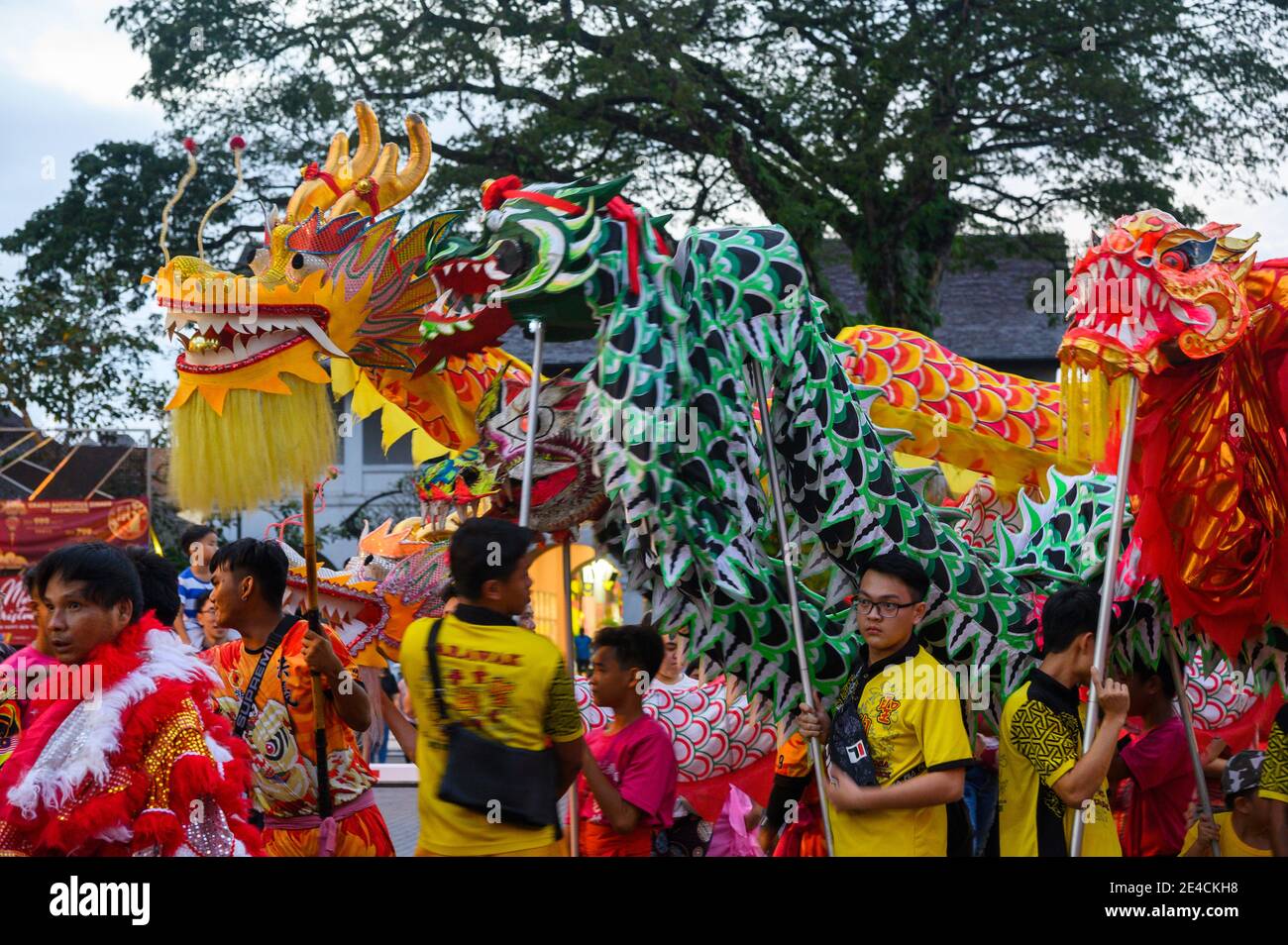 Teste colorate di drago nella sfilata cinese di Capodanno a Kuching, Malesia Foto Stock