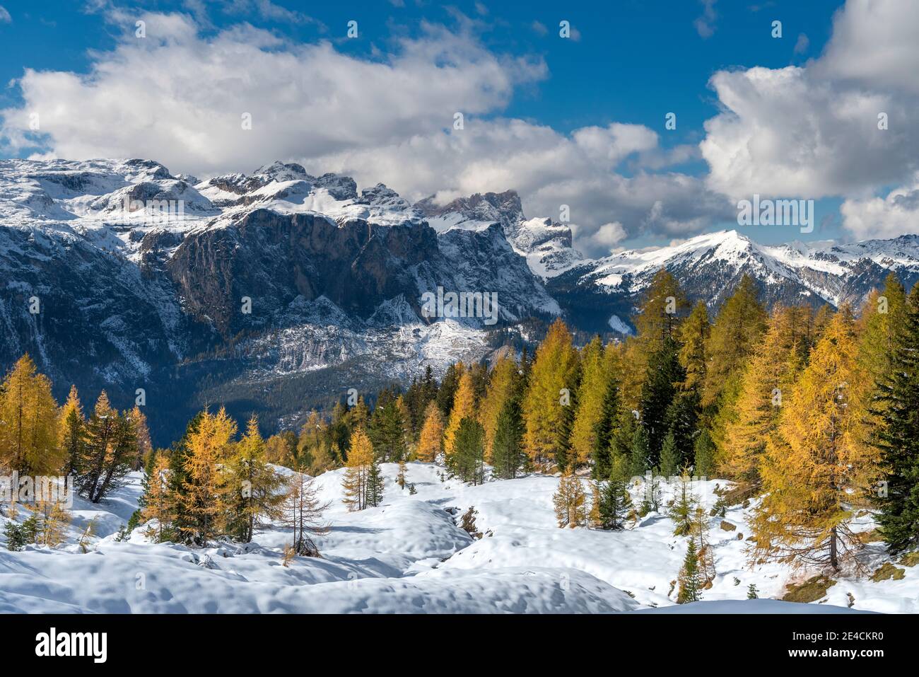 Hochabtei / alta Badia, Provincia di Bolzano, Alto Adige, Italia, Europa. La prima neve in autunno sui prati dell'Armentara, sullo sfondo le vette del gruppo Gardenacia Foto Stock