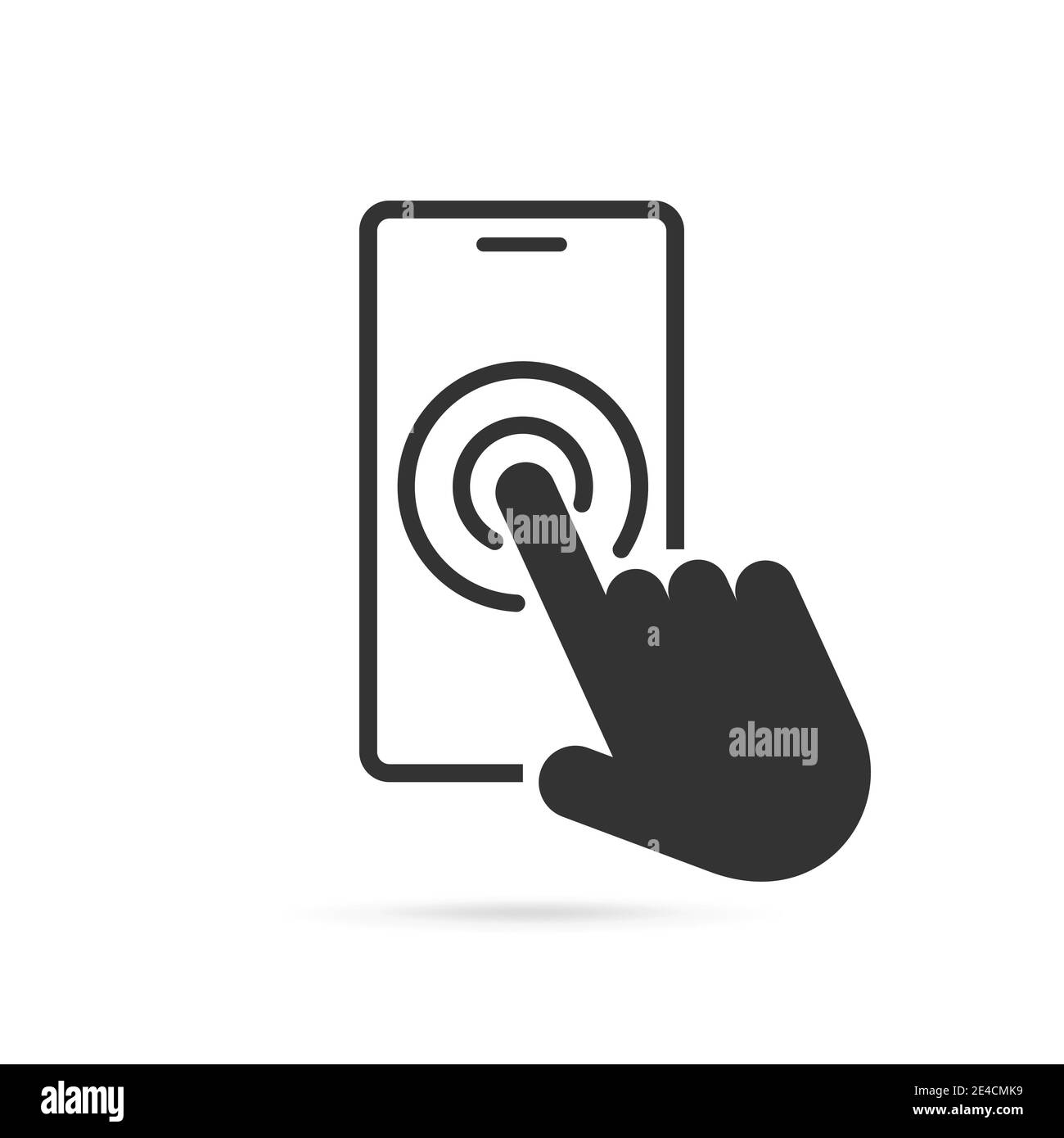 Icona del segno dello smartphone sullo schermo a sfioramento. Schermo dello smartphone con la mano. Illustrazione Vettoriale