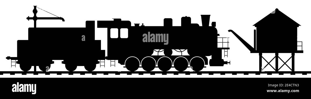 Vecchia locomotiva a vapore con gara ad una fermata tecnica. Torre dell'acqua e gru ad acqua per il riempimento della locomotiva a vapore. Silhouette nera isolata su bianco. Illustrazione Vettoriale Vecchia locomotiva a vapore con gara ad una fermata tecnica. Torre dell'acqua e gru ad acqua per il riempimento della locomotiva a vapore. Silhouette nera isolata su bianco. Illustrazione Vettoriale