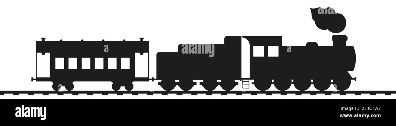 Treno retrò. Antica locomotiva a vapore con auto d'epoca e tender. Silhouette nera isolata su bianco. Trasporto ferroviario vettore art. Illustrazione Vettoriale