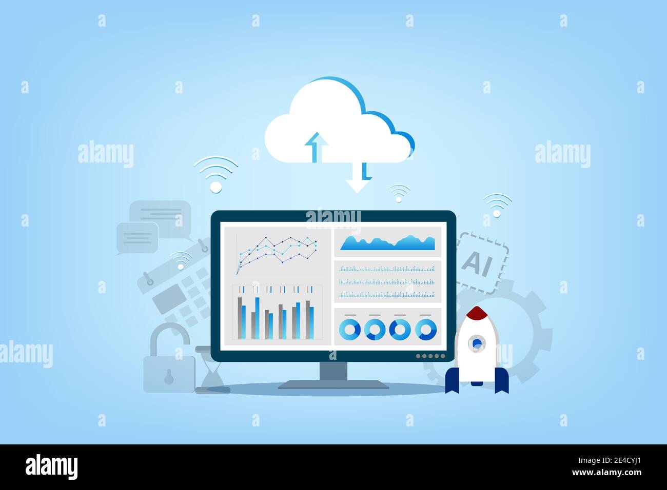 Tecnologia di cloud computing con icone cloud e vettore di dispositivi digitali illustrazione Illustrazione Vettoriale