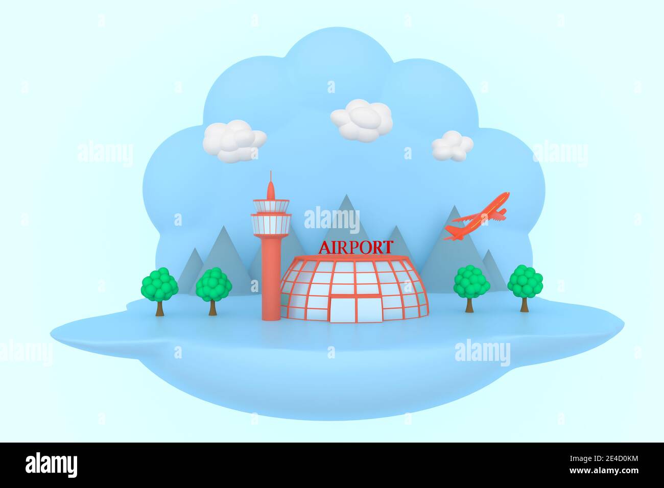 Illustrazione creativa di una scena con un aeroporto, aereo, alberi, montagne, nuvole. rendering 3d in tonalità blu. Foto Stock