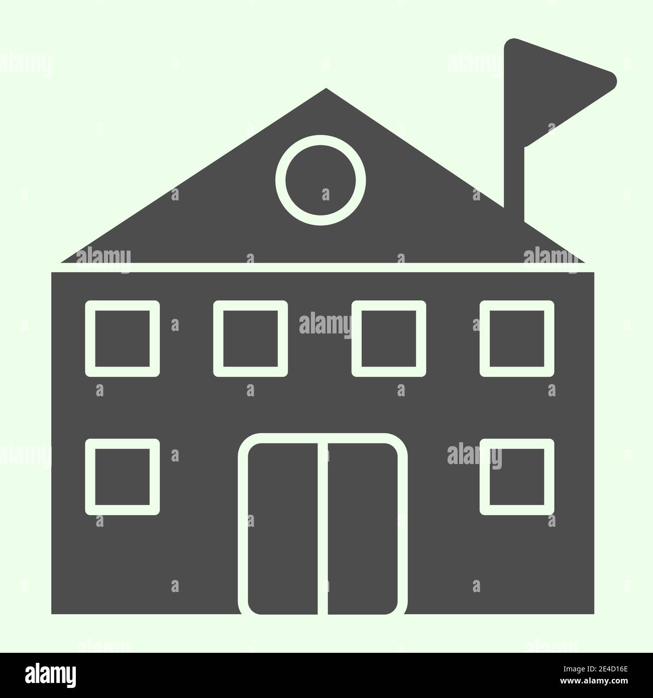 Icona solida della costruzione della scuola. High istituto educativo con bandiera in alto stile glifo pittogramma su sfondo bianco. Segni di conoscenza e studio per Illustrazione Vettoriale