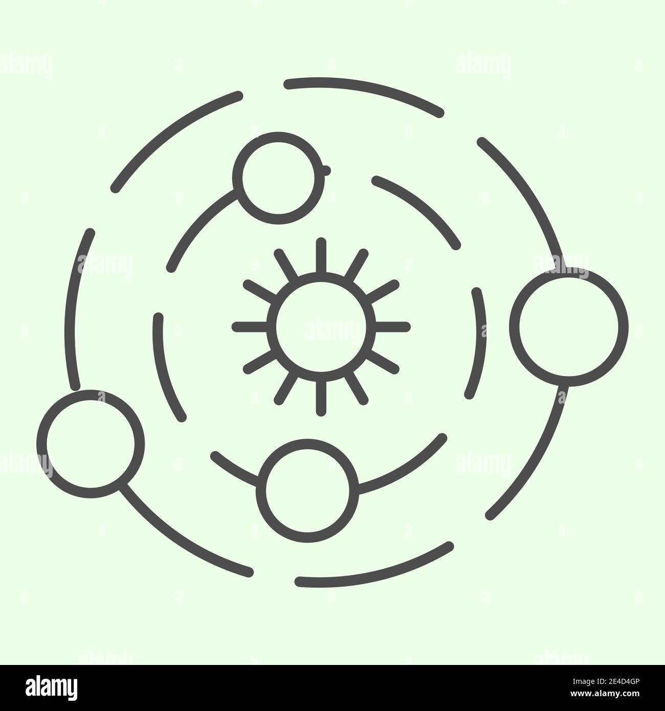 Icona a linea sottile del sistema solare. Universo con pianeti e simbolo del sole in stile contorno centrale pittogramma su sfondo bianco. Astrologia e segni del cosmo Illustrazione Vettoriale