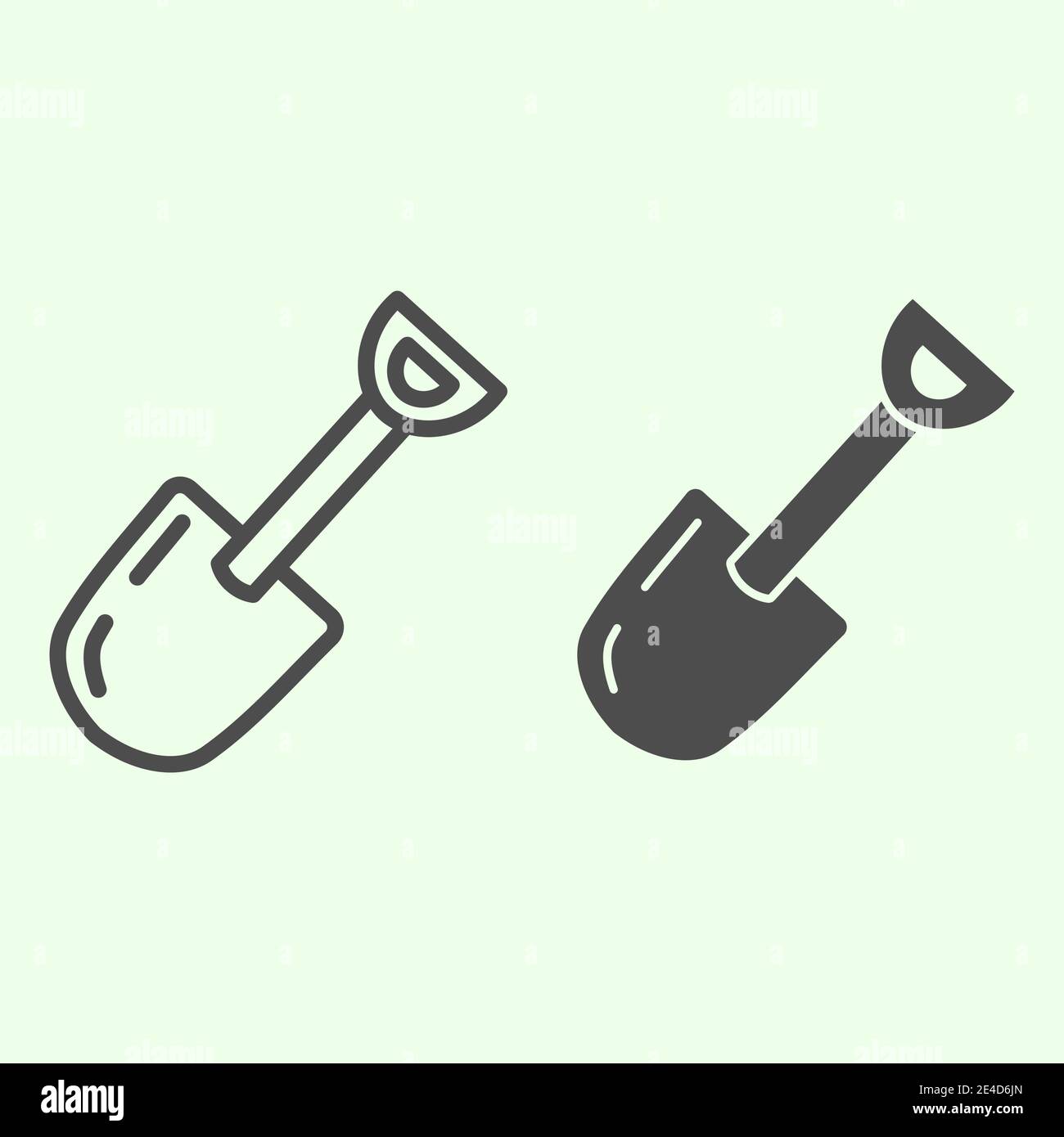 Linea a spade e icona continua. Simbolo attrezzatura da lavoro pala da giardino, pittogramma stile contorno su sfondo bianco. Vettore di attrezzi di costruzione e di giardinaggio Illustrazione Vettoriale