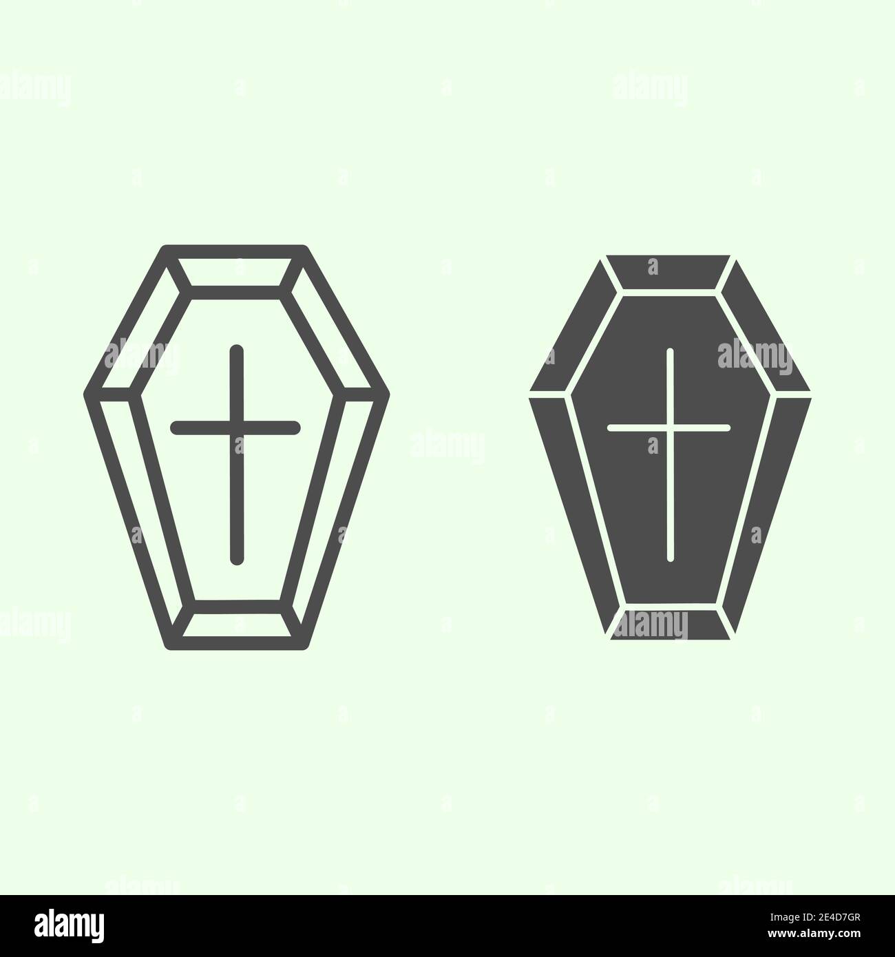 Linea di caffè e icona continua. Caschetto funerale in legno con pittogramma a croce su sfondo bianco. Halloween morte vampiro sepoltura bara per Illustrazione Vettoriale