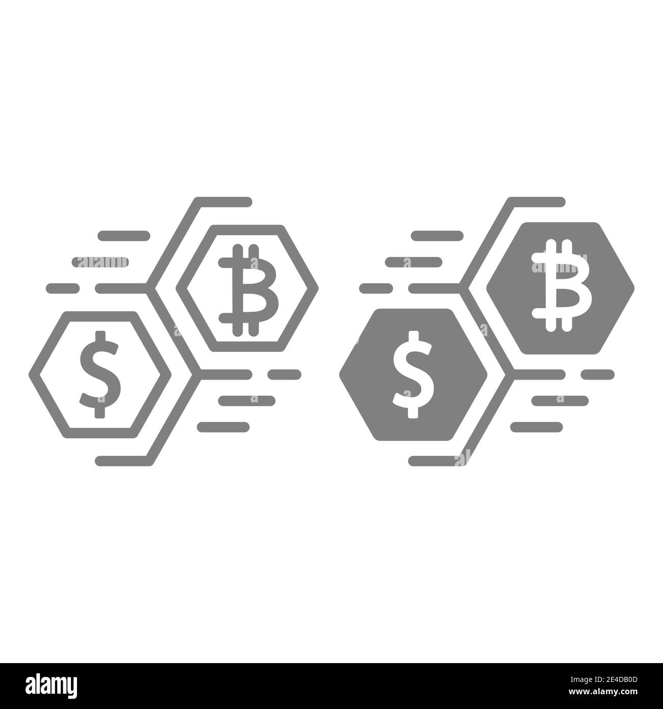 Bitcoin e dollaro che sposta la linea di valuta e l'icona di glifo. Illustrazione del vettore di valuta Crypto isolata in bianco. Design in stile profilo Money, progettato Illustrazione Vettoriale