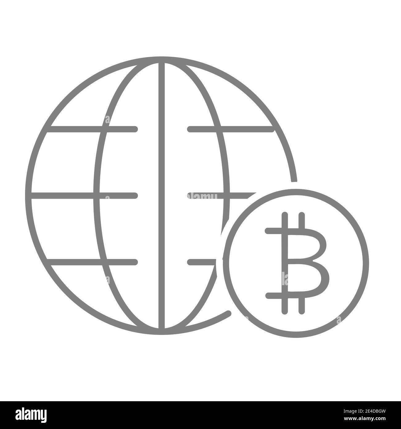 Icona della linea sottile dell'economia mondiale. Immagine vettoriale di globo e bitcoin isolata su bianco. Economia globale delineare stile di progettazione, progettato per il web e. Illustrazione Vettoriale