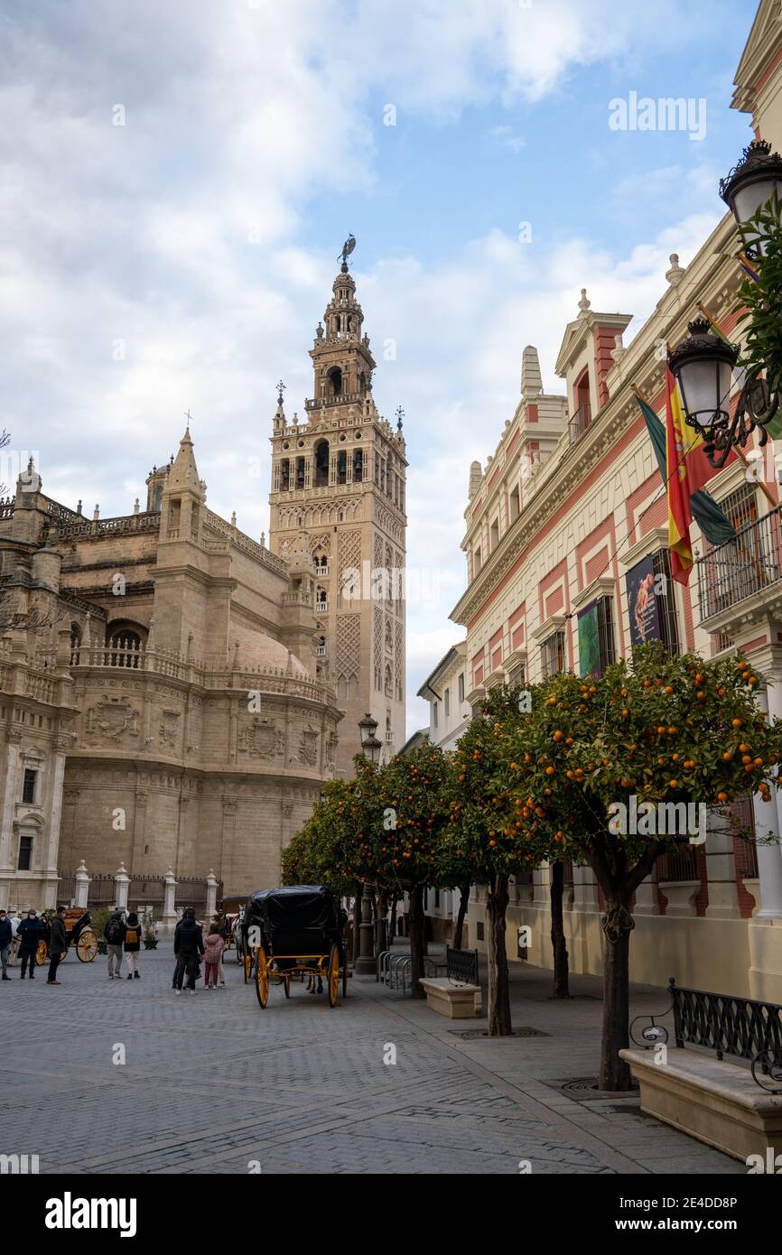 Siviglia, Spagna - 10 gennaio 2021: Le carrozze trainate da cavalli aspettano i turisti in Piazza del Triunfo Foto Stock