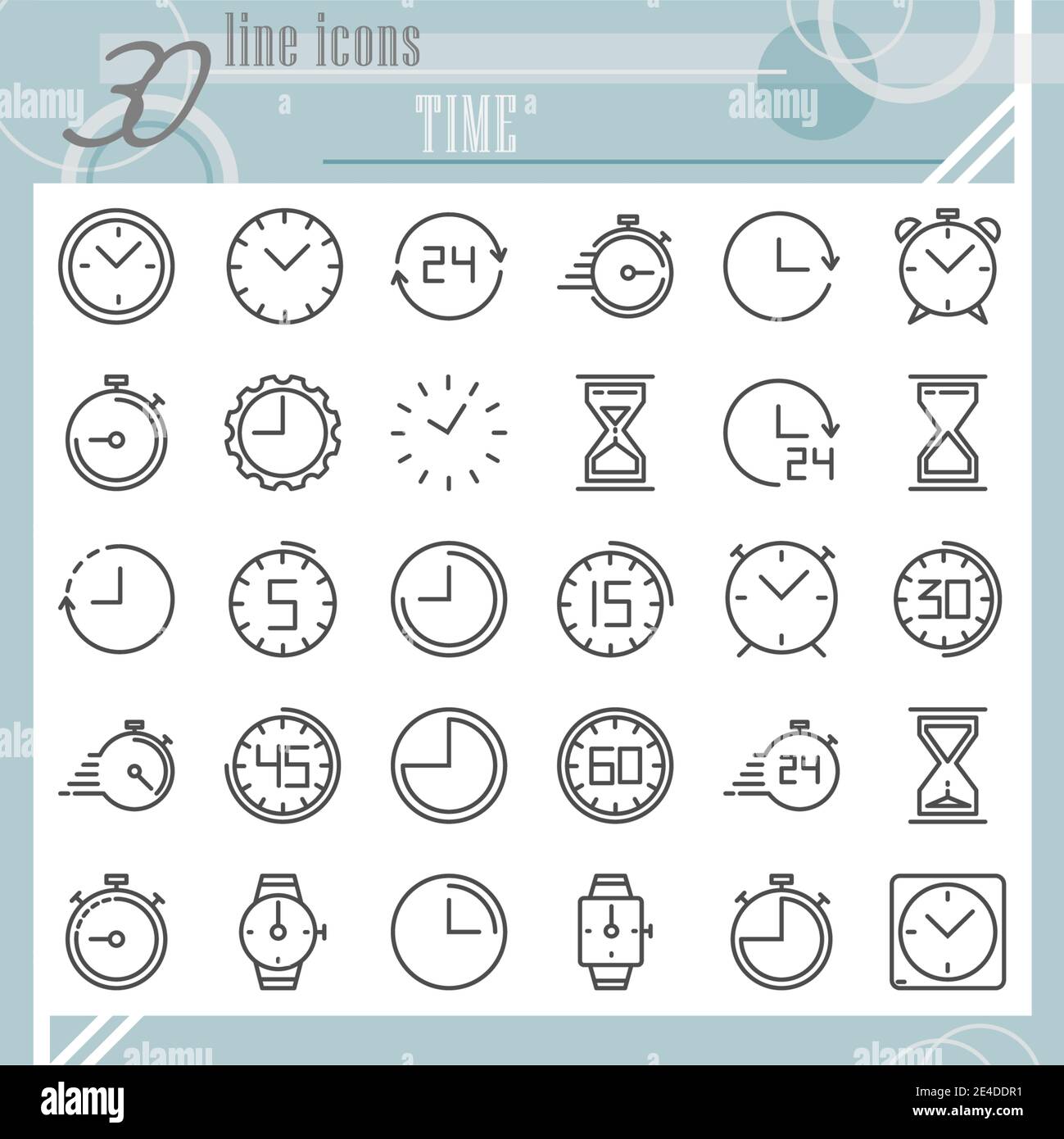 Set di icone della linea temporale, raccolta di simboli dell'orologio, schizzi vettoriali, illustrazioni del logo, pacchetti di pittogrammi lineari dei segni dell'orologio isolati su sfondo bianco Illustrazione Vettoriale