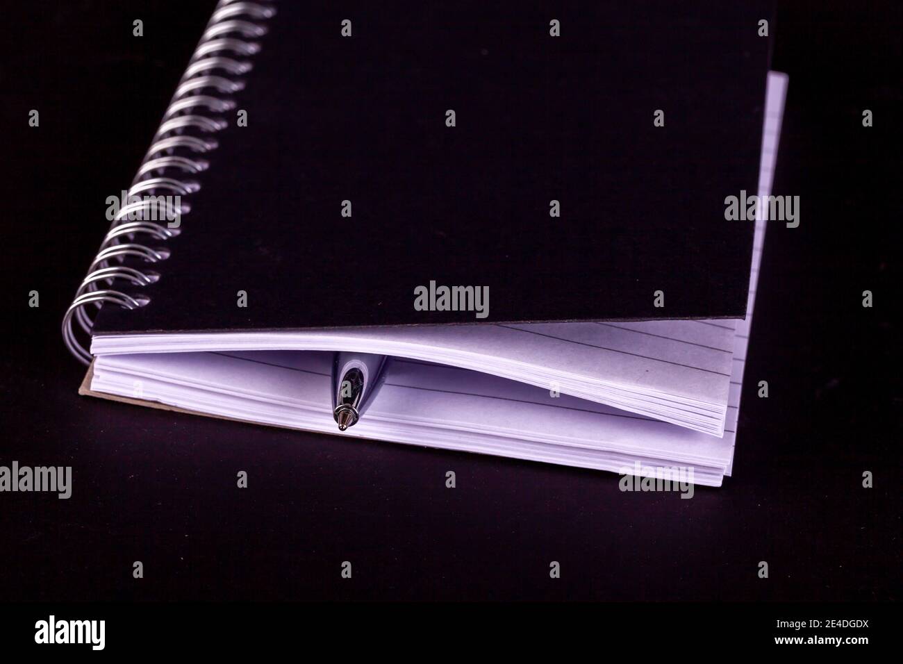 Blocco note e penna si chiudono con pagine con linee rilegate a spirale Foto Stock