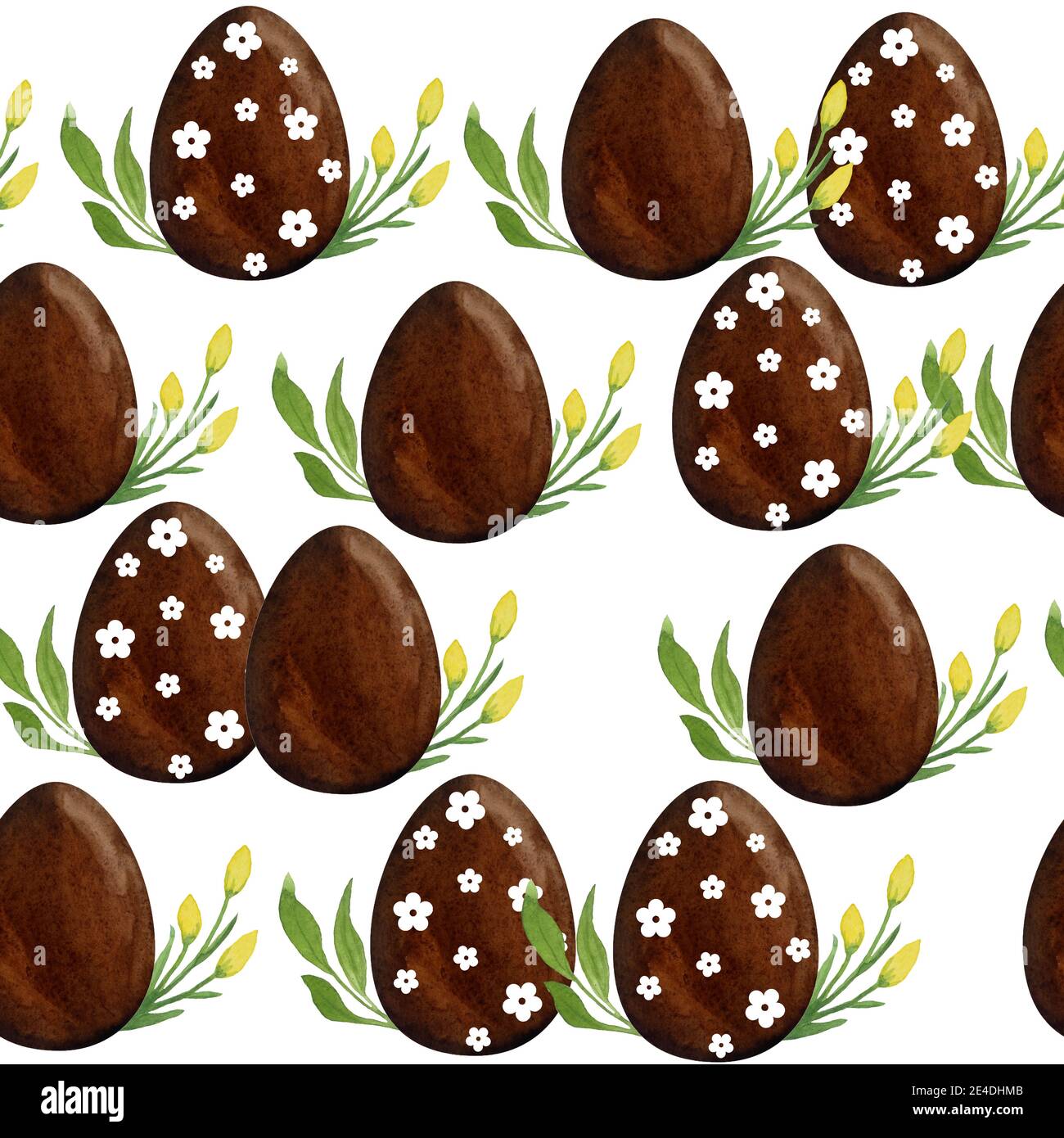 Acquerello senza giunture con cioccolato uova di Pasqua erba butterCup fiori e foglie. Caccia di Pasqua celebrazione marrone design. Stagione primaverile con simboli cristiani religiosi Foto Stock