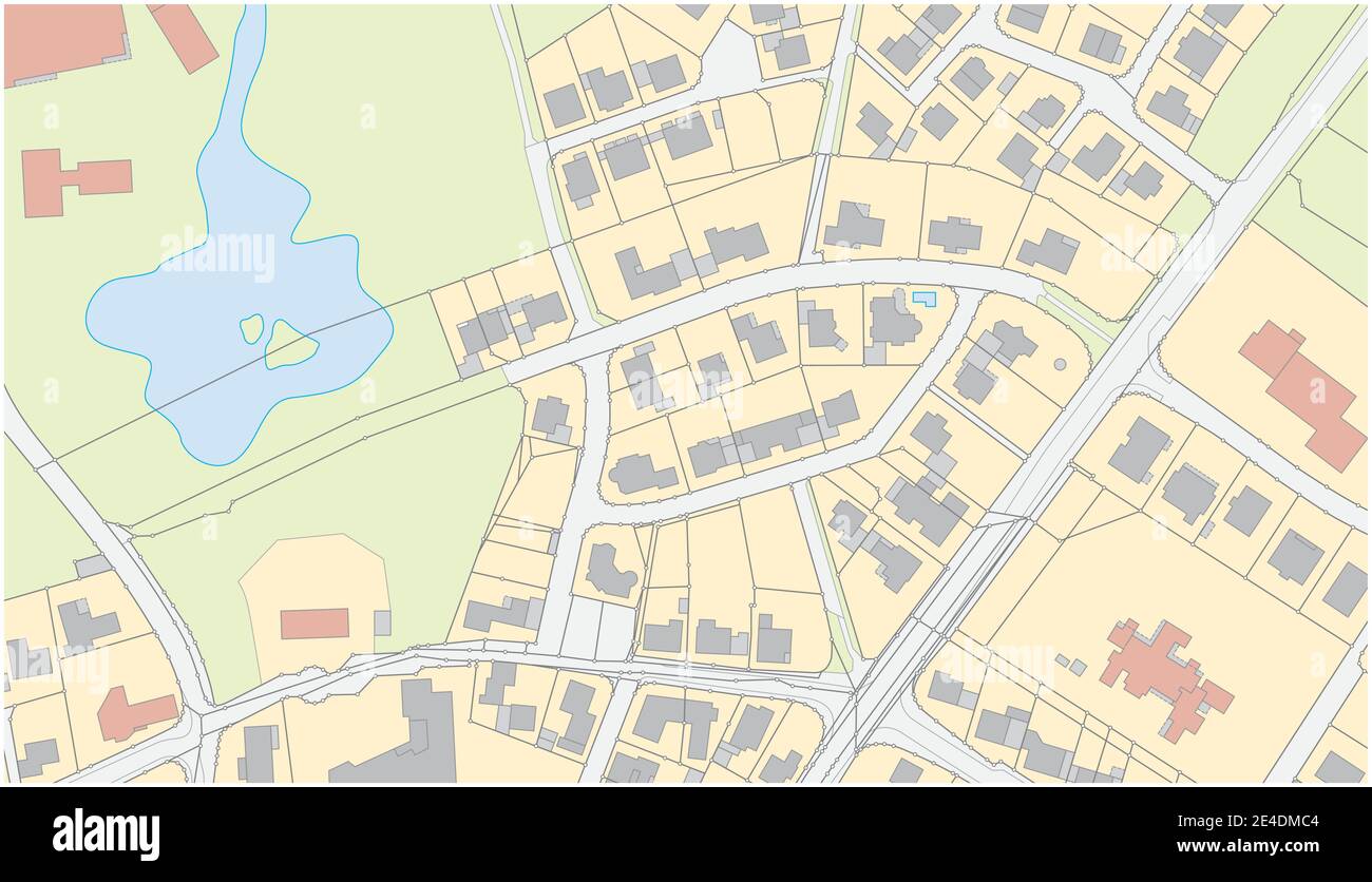 Immaginaria mappa catastale di un area con edifici e strade Illustrazione Vettoriale