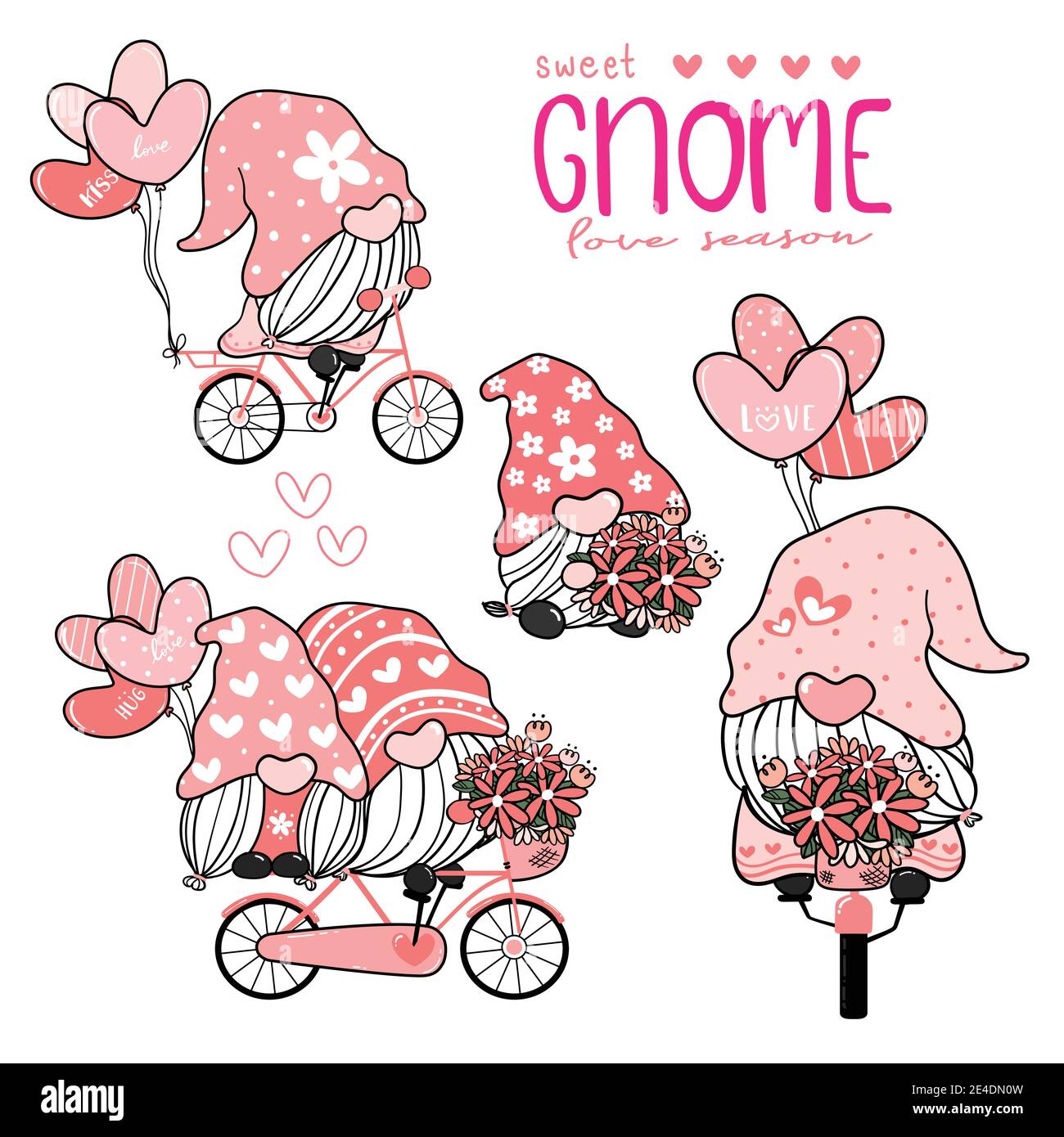 Dolce carino Gnome in cappello rosa in bicicletta con cuore palloncini collezione, coppia amante gnome amore Valenti.ne elemento set Illustrazione Vettoriale