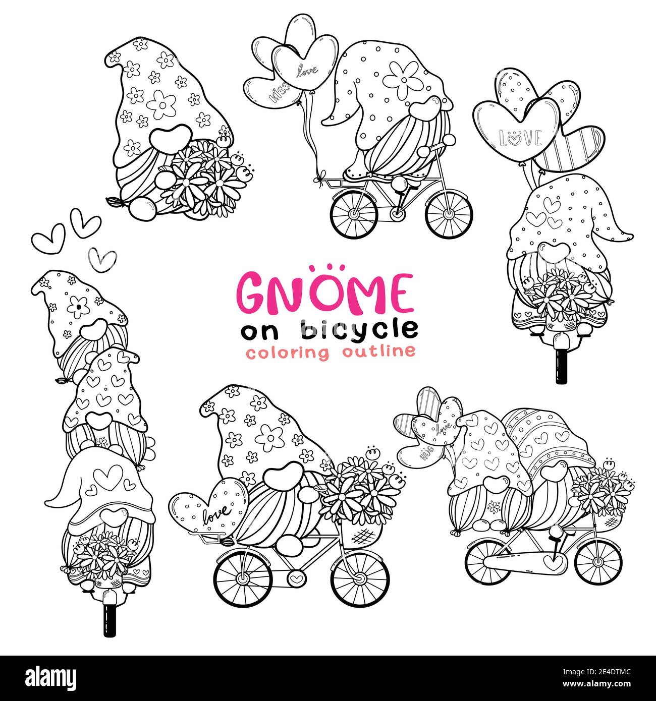Carino Valentine Gnome coloring outline collection, set di francobolli digitali Sweet Valentine, set di disegni Gnome cartoon doodle Illustrazione Vettoriale