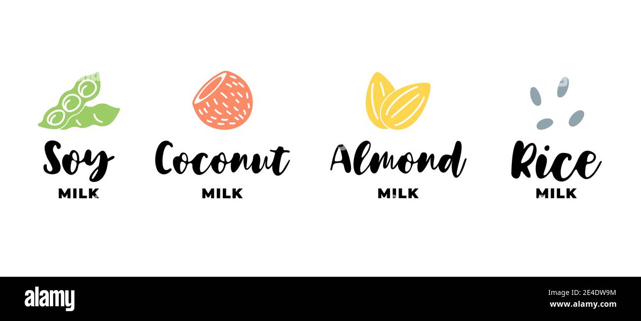 Set logo latte di soia, mandorla, cocco e riso. Set di elementi di design per badge di imballaggio. Etichette per bevande vegane sane disegnate a mano. Illustrazione eps del vettore di raccolta del logotipo isolato Illustrazione Vettoriale