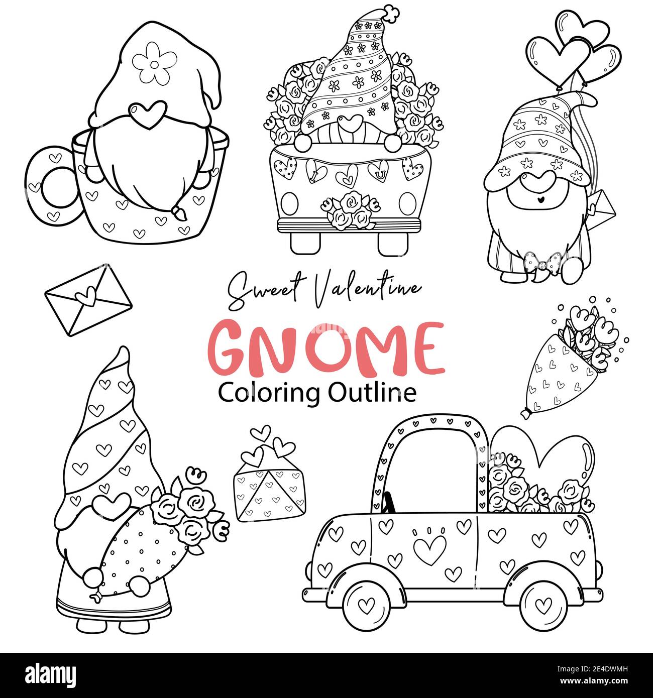 Carino Valentine Gnome coloring outline collection, set di francobolli digitali Sweet Valentine, set di disegni Gnome cartoon doodle Illustrazione Vettoriale