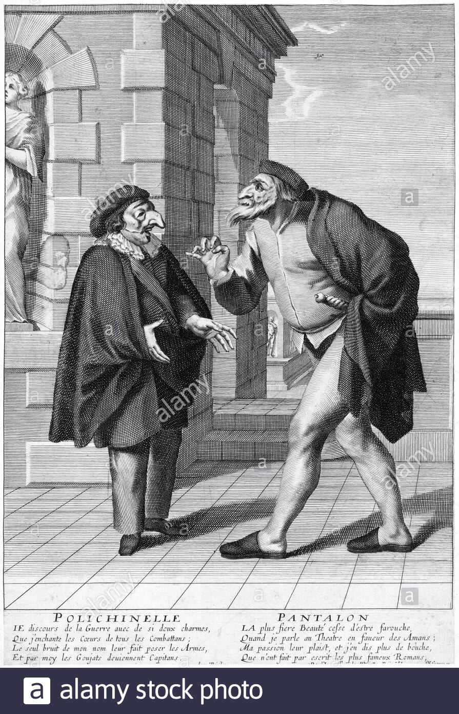 Commedia dell'arte, Polichinelle e Pantalone, illustrazione d'epoca del 1800 Foto Stock