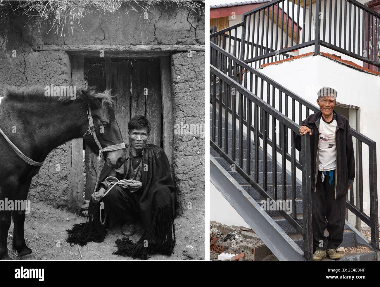 (210123) -- BUTUO, 23 gennaio 2021 (Xinhua) -- SINISTRA: Jilie Lahuo pone con il suo mulo nella sua vecchia residenza nel villaggio di Abuluoha, Contea di Butuo, sud-ovest della provincia di Sichuan, 26 novembre 2005.DESTRA: Jilie Lahuo, 73, pone per una foto con la sua nuova casa nel villaggio di Abuluoha il 30 giugno 2020. Abuluoha, un villaggio circondato da montagne e scogliere, si trova in una valle del fiume a circa 60 chilometri dalla Contea di Butuo, nella provincia sudoccidentale del Sichuan. Come indica il suo nome nella lingua nativa Yi, il villaggio era una volta 'un luogo fuori dai sentieri battuti', che serviva come centro di trattamento isolato per l Foto Stock