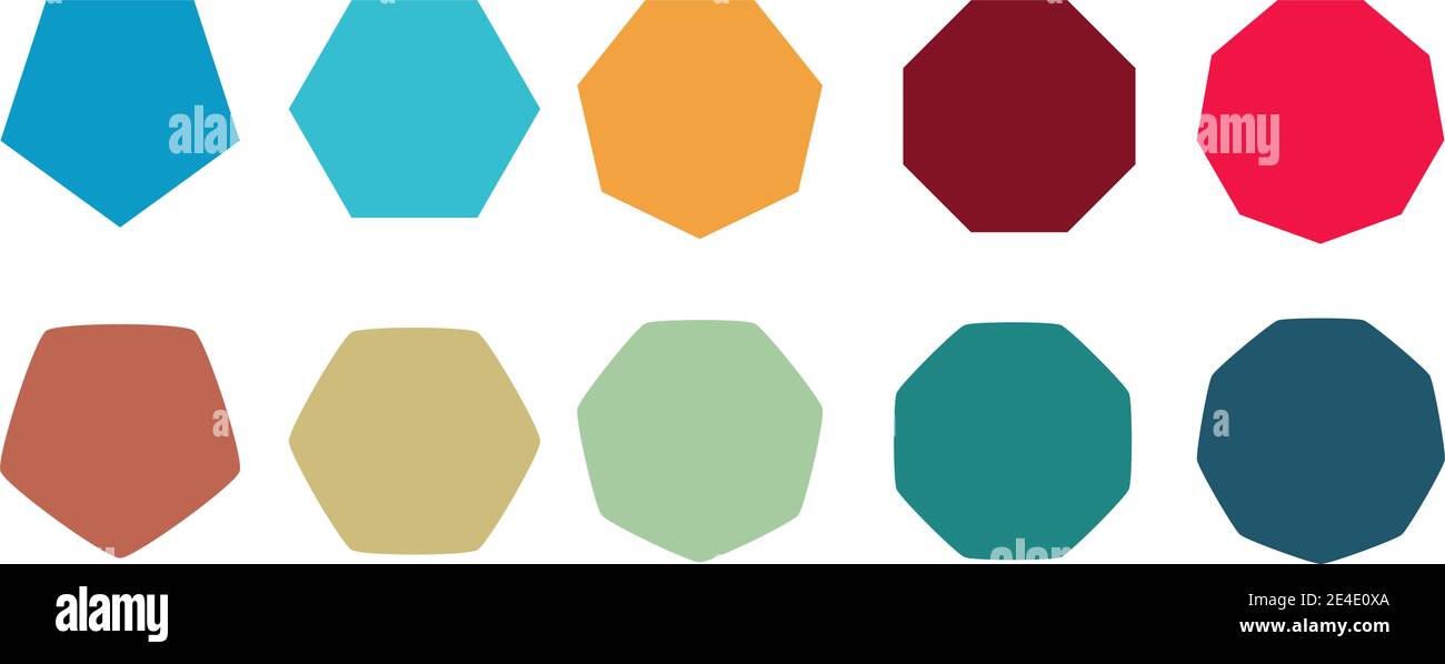 Poligoni con vari numeri di lati (pentagono, esagonale, eptagono, ottagono, nonagono) icone, versione affilata e leggermente arrotondata Illustrazione Vettoriale