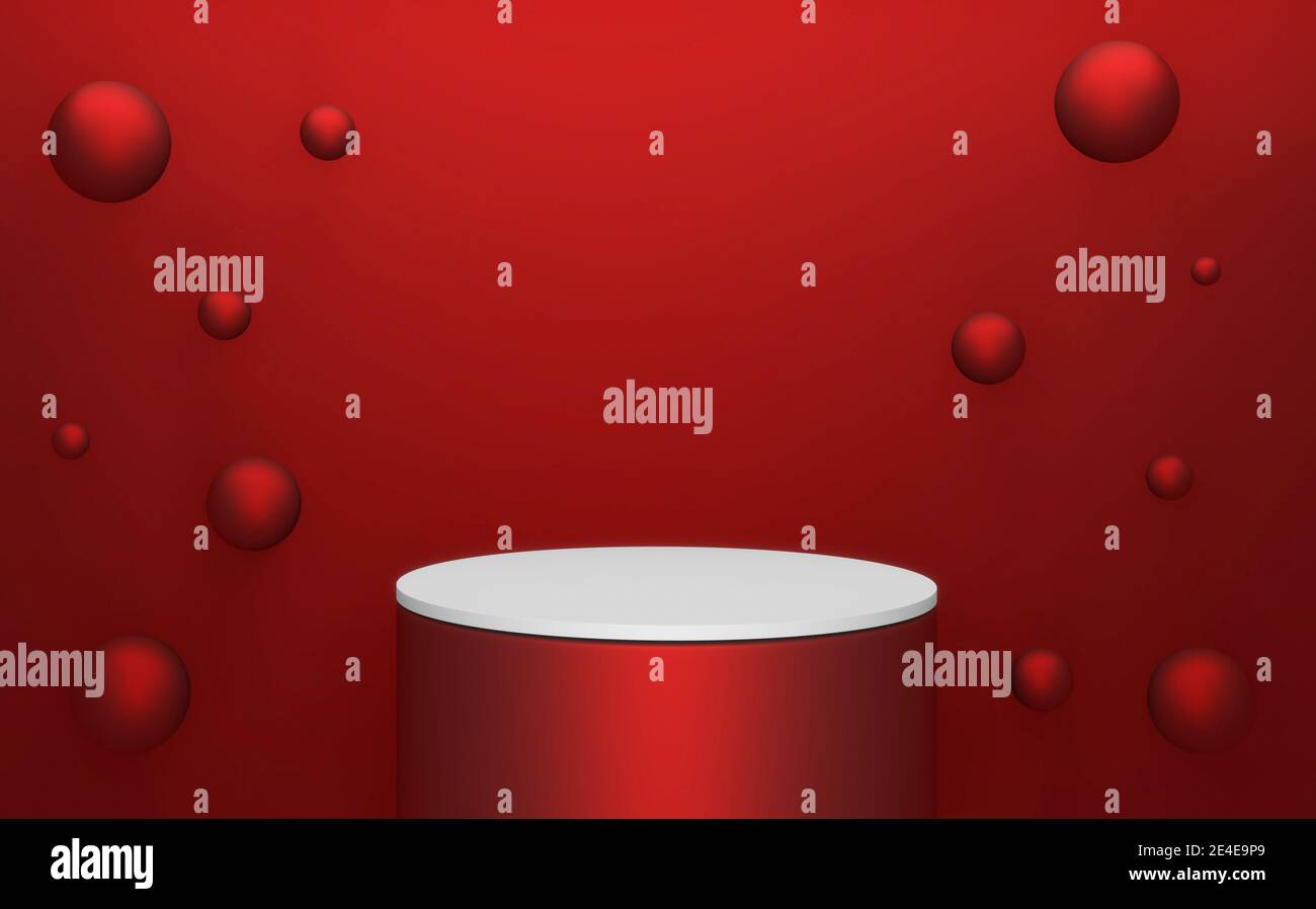 Il podio rosso geometrico per la presentazione del prodotto. Rendering 3D Foto Stock