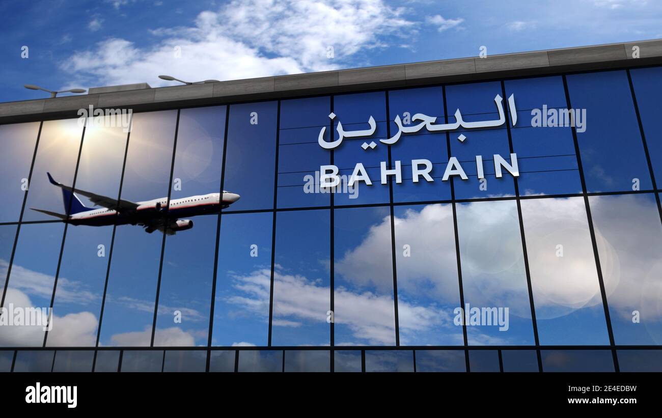 Aerei a reazione che atterrano al Bahrain 3D rappresentazione illustrazione. Arrivo in città con il terminal dell'aeroporto di vetro e riflesso dell'aereo. Viaggi, bu Foto Stock