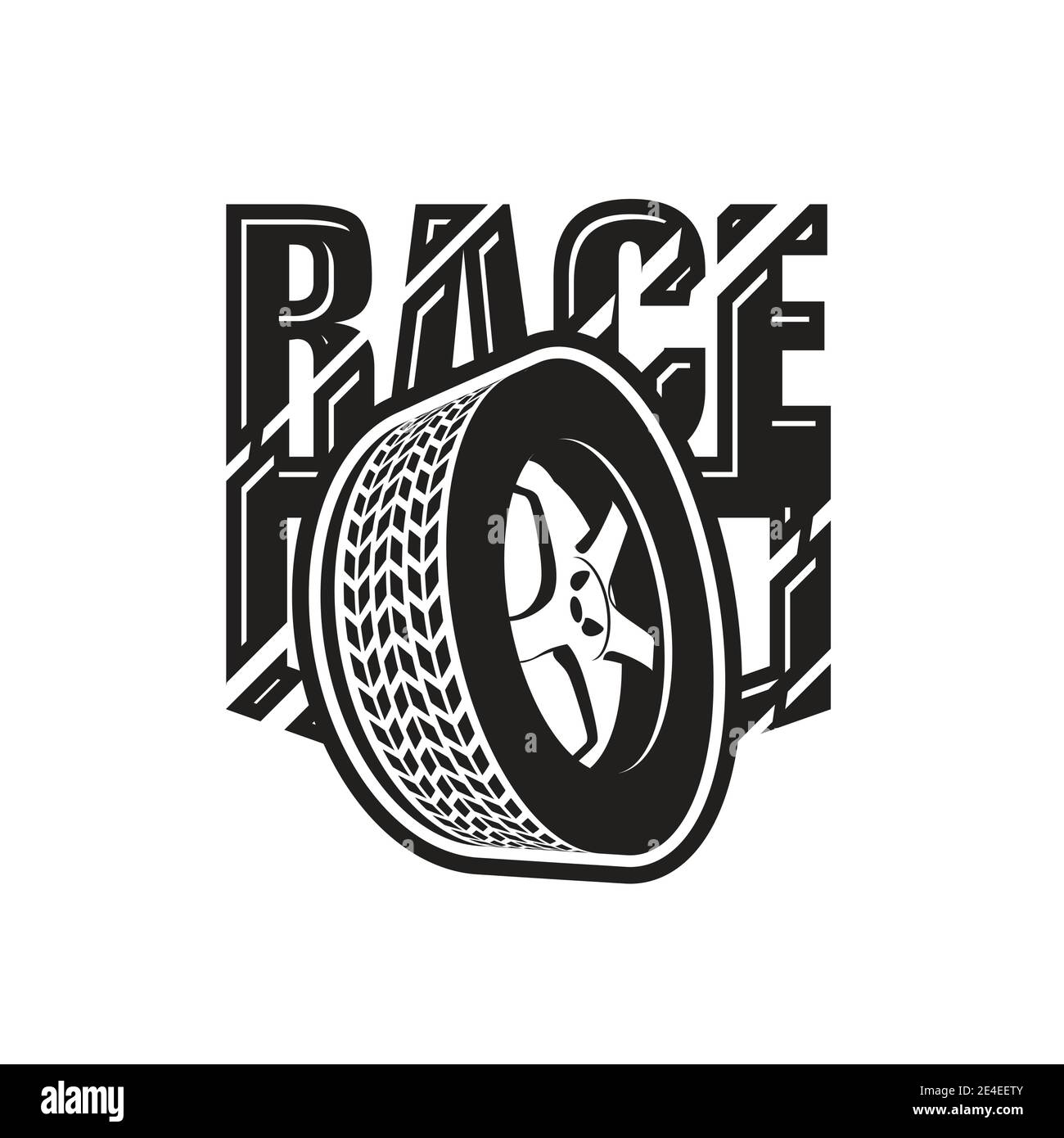 Emblema da corsa con pneumatico, cerchione ruota e icona pneumatico, etichetta o badge da gara, vettore Illustrazione Vettoriale