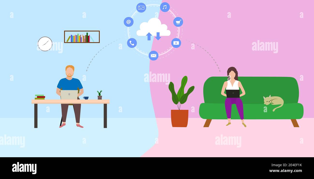 Vettore di persone che utilizzano il laptop lavorano in remoto da casa. Illustrazione concetto di tecnologia cloud online. Illustrazione Vettoriale