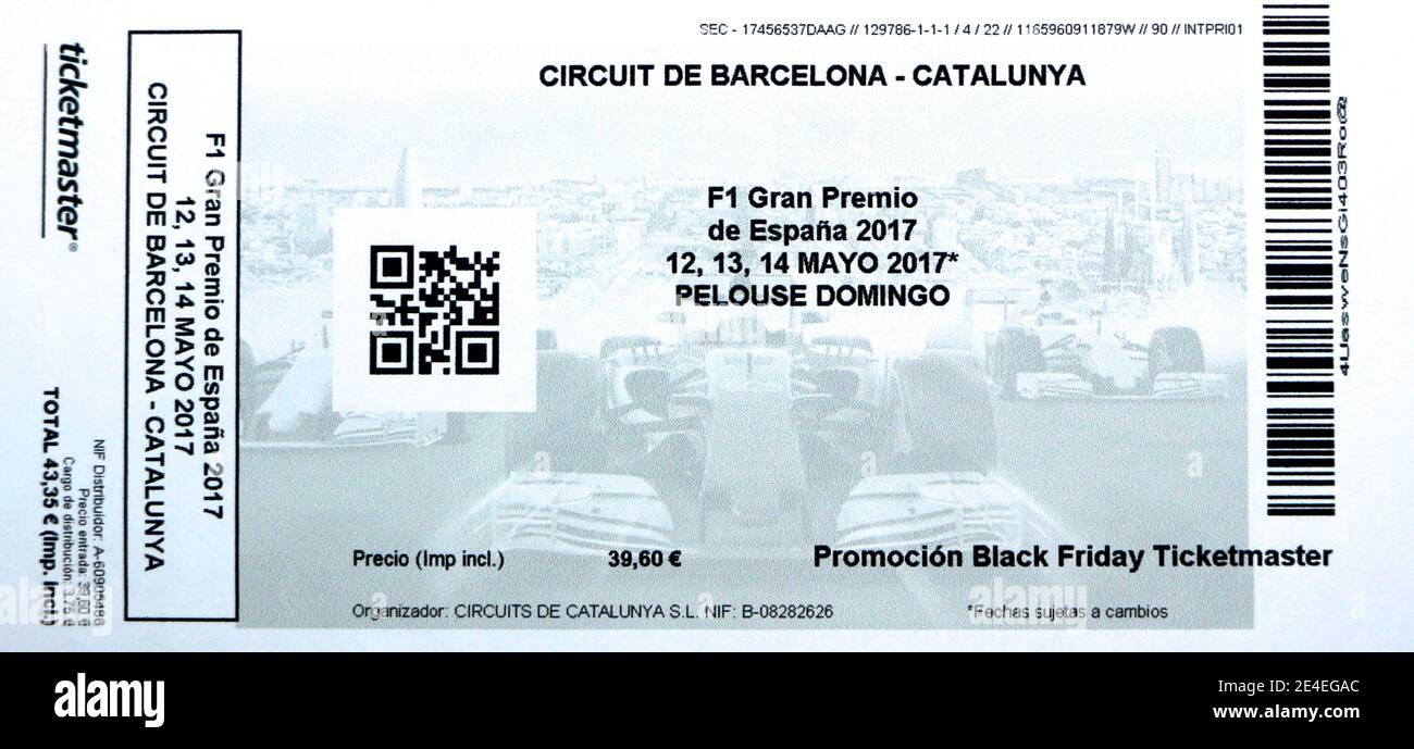 Biglietto d'ingresso stampato per il Gran Premio di Formula 1 di Spagna Al circuito di Barcellona Monmelo Catalonia Spagna maggio 2017 Foto Stock Biglietto d'ingresso stampato per il Gran Premio di Formula 1 di Spagna Al circuito di Barcellona Monmelo Catalonia Spagna maggio 2017 Foto Stock