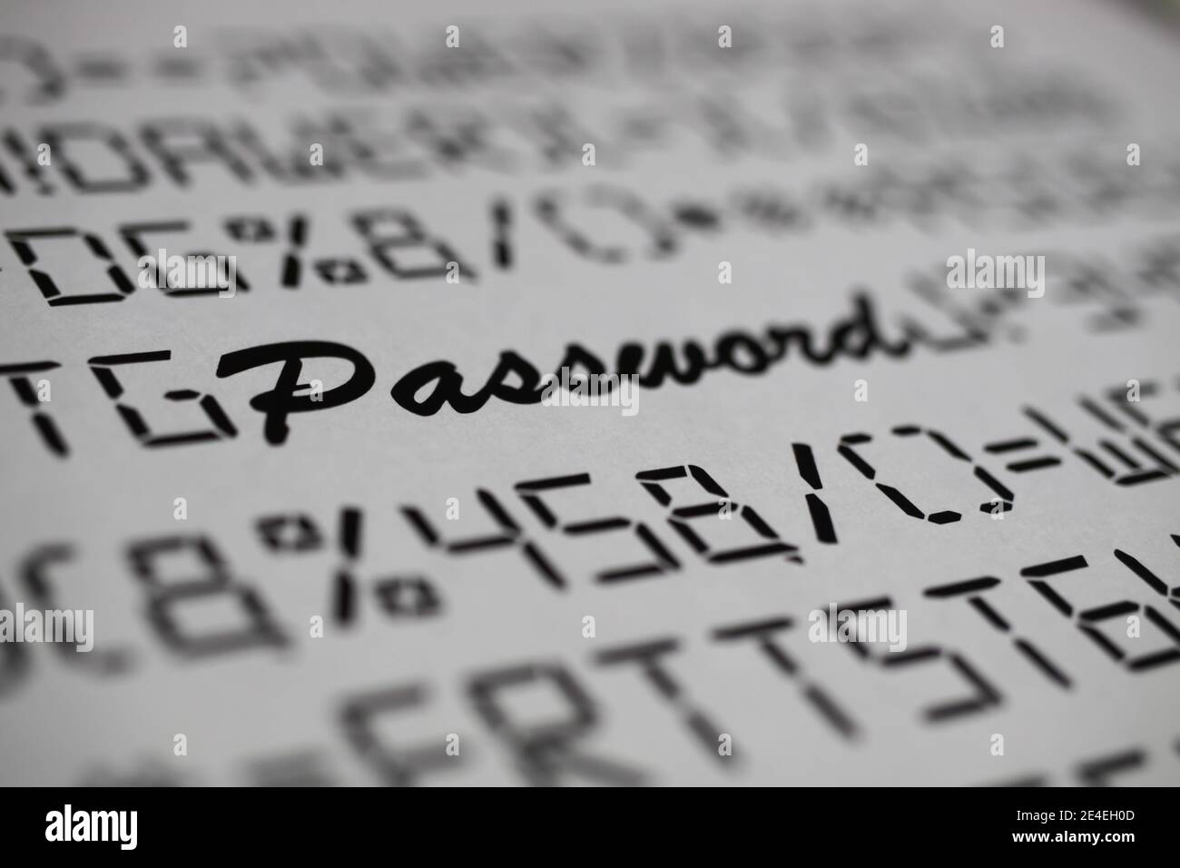 Primo piano di lettere fittive e caratteri speciali con password parola sfocata, sfondo bianco - concetto complicato e complesso di modifica della password Foto Stock Primo piano di lettere fittive e caratteri speciali con password parola sfocata, sfondo bianco - concetto complicato e complesso di modifica della password Foto Stock