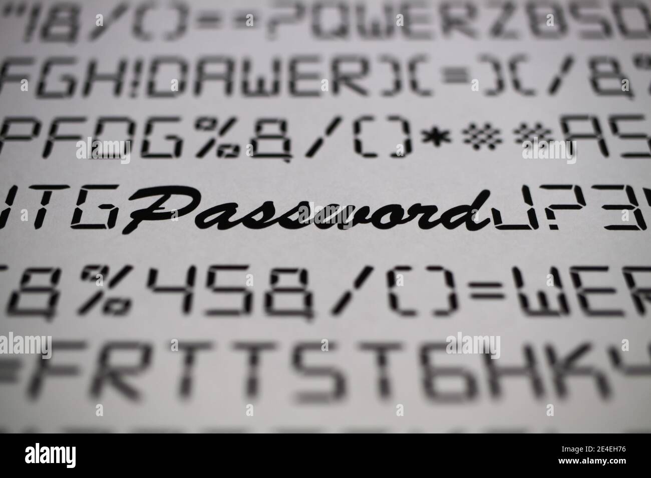 Primo piano di lettere fittive e caratteri speciali con password parola sfocata, sfondo bianco - concetto complicato e complesso di modifica della password Foto Stock Primo piano di lettere fittive e caratteri speciali con password parola sfocata, sfondo bianco - concetto complicato e complesso di modifica della password Foto Stock