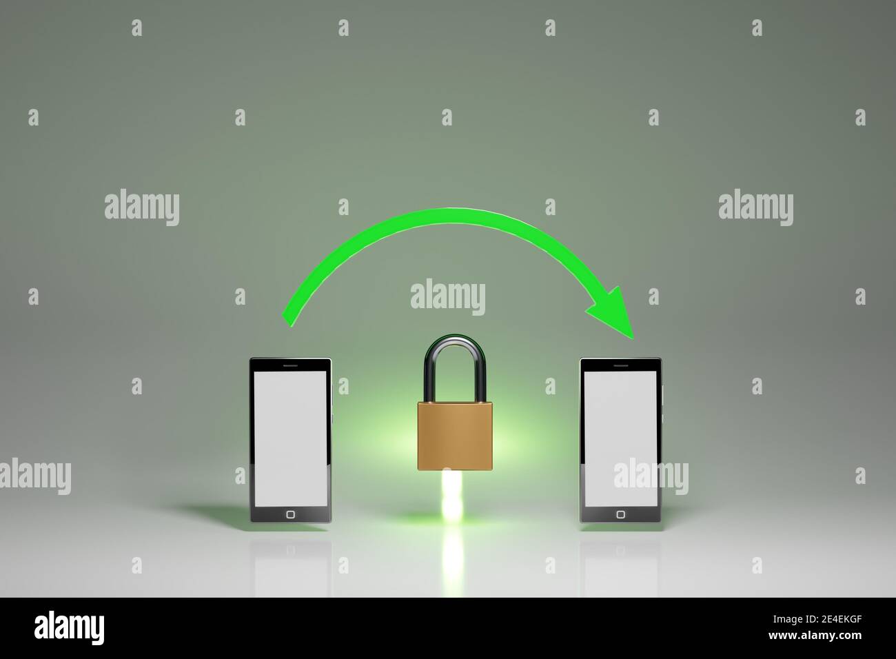 Comunicazione sicura e crittografata tra dispositivi mobili, concetto. Due smartphone con una freccia verde e un lucchetto chiuso. Rendering digitale. Foto Stock