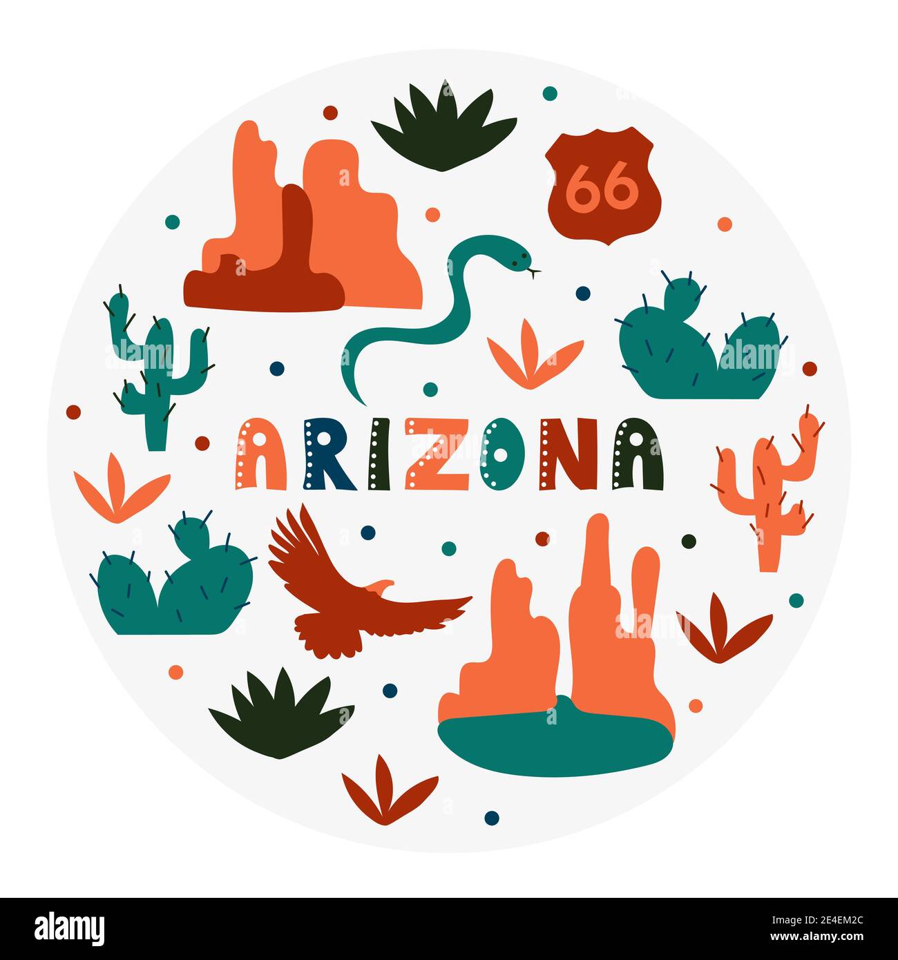 Collezione USA. Illustrazione vettoriale del tema Arizona. Simboli di stato - forma rotonda Illustrazione Vettoriale