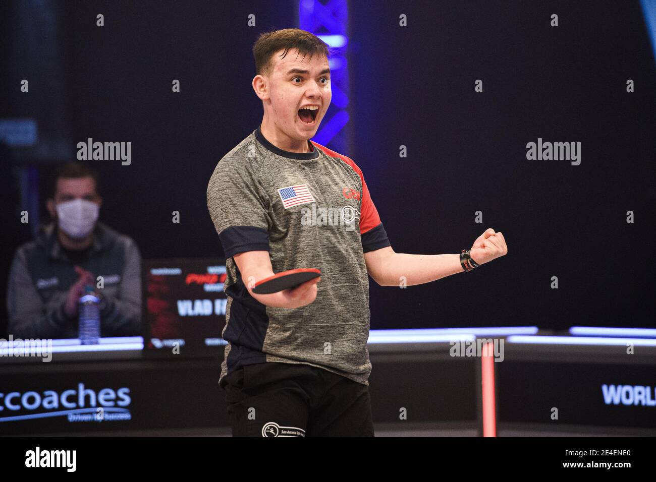 COVENTRY, REGNO UNITO. 23 gennaio 2021. Vlad Farcas (USA) durante il 2021 World Ping Pong Masters alla Ricoh Arena sabato 23 gennaio 2021 a COVENTRY, INGHILTERRA. Credit: Taka G Wu/Alamy Live News Foto Stock