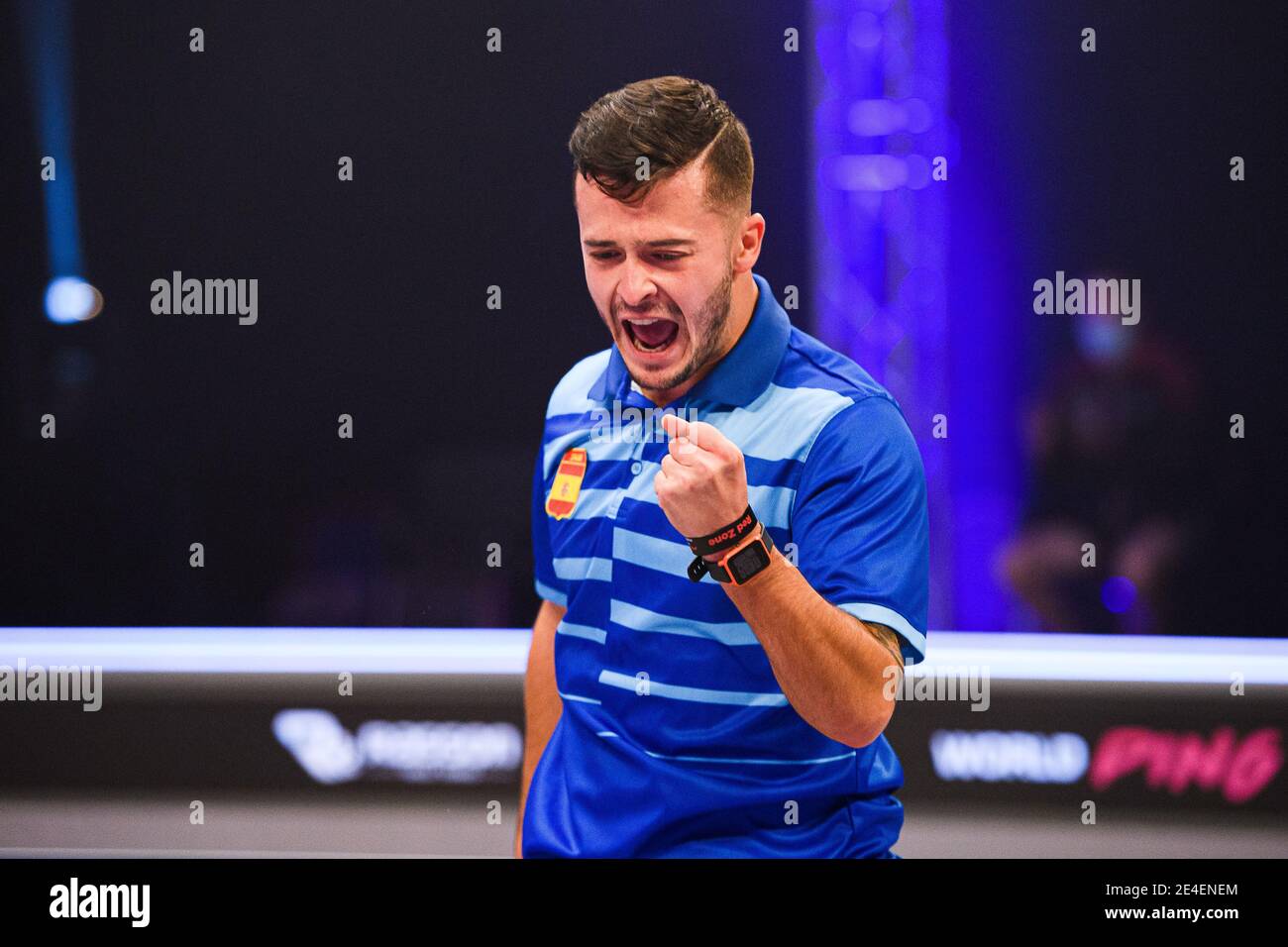 COVENTRY, REGNO UNITO. 23 gennaio 2021. Javier Benito Rodriguez (ESP) durante il 2021 World Ping Pong Masters alla Ricoh Arena sabato 23 gennaio 2021 a COVENTRY, INGHILTERRA. Credit: Taka G Wu/Alamy Live News Foto Stock