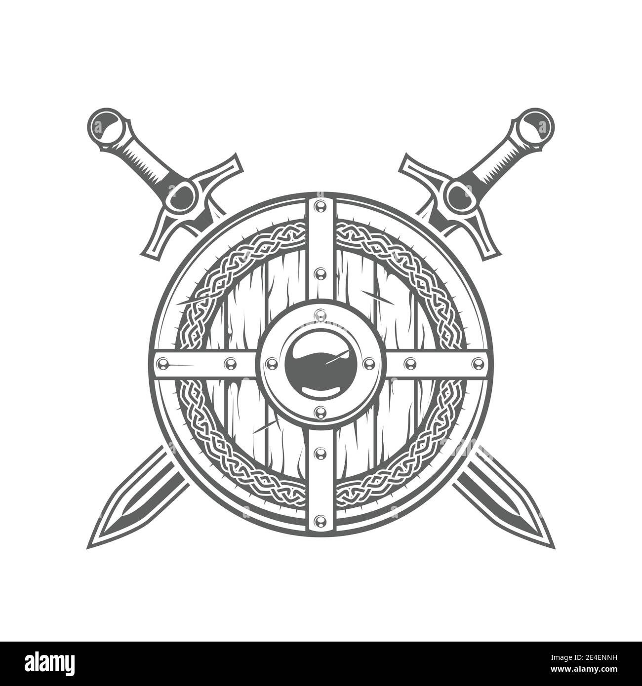 Scudo vichingo rotondo con motivo celtico e due spade incrociate, emblema cavaliere medievale con armatura, vettore Illustrazione Vettoriale